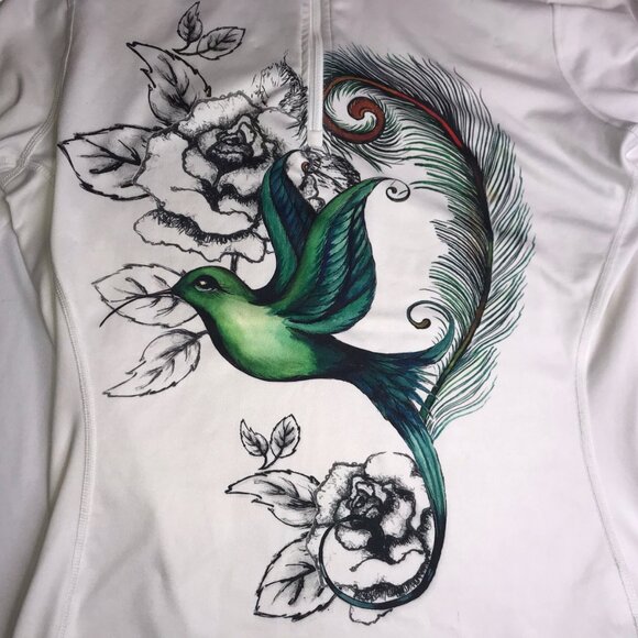 HOT CHILLYS White Half Zip Pullover White Hummingbird Bird Long Sleeve Women's L - Picture 3 of 9